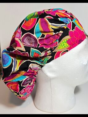 Colorful, Floral, Satin Scrub Hat/Cap - Teal, Beige, Burgundy- Multicolor